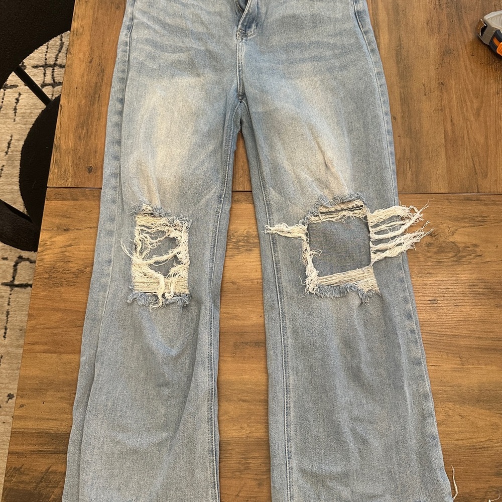 Trendy Distressed Blue Women's Wide Leg Jeans